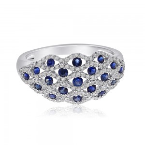 14K White Gold Lightweight Weave Precious Sapphire and Diamond Ring