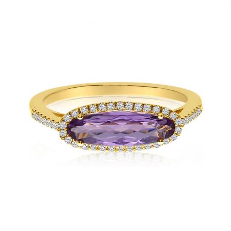 14K Yellow Gold Elongated Oval Amethyst and Diamond Semi Precious Fashion Ring