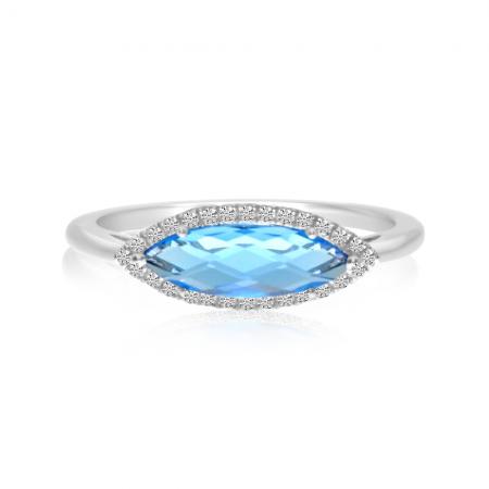 14K White Gold Elongated Marquise Blue Topaz and Diamond Semi Precious Ring