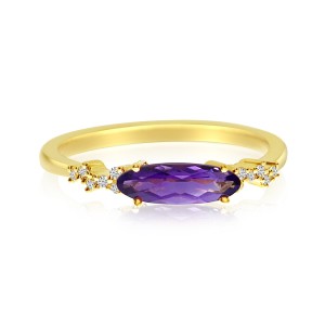 14K Yellow Gold Elongated Oval Amethyst and Diamond Semi Precious Fashion Ring