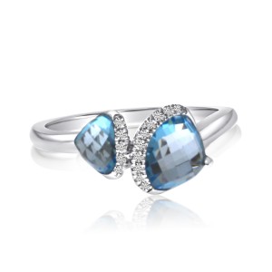 14K White Gold Trillion Blue Topaz Duo and Diamond Fashion Ring