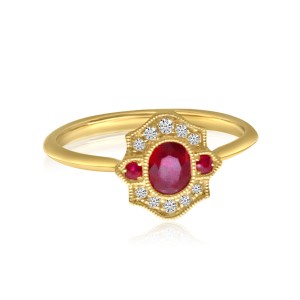 14K Yellow Gold Oval Ruby and Diamond Precious Ring
