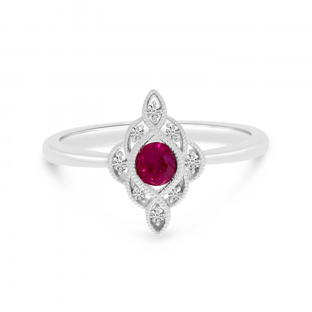 14K White Gold Round Ruby and Diamond Precious Ring