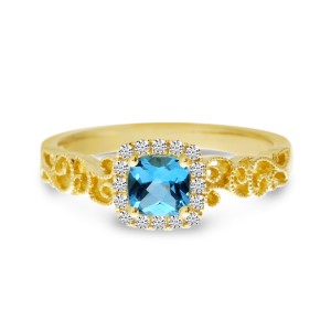 14K Yellow Gold Cushion Blue Topaz Diamond Halo Semi Precious Filigree Ring