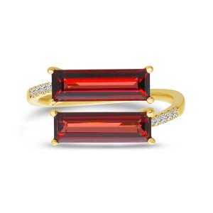 14K Yellow Gold Baguette Garnet Duo and Diamond East West Semi Precious Ring