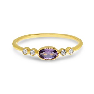 14K Yellow Gold Oval Amethyst and Diamond Stackable Semi Precious Ring