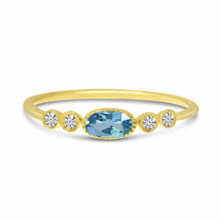 14K Yellow Gold Oval Blue Topaz and Diamond Stackable Semi Precious Ring