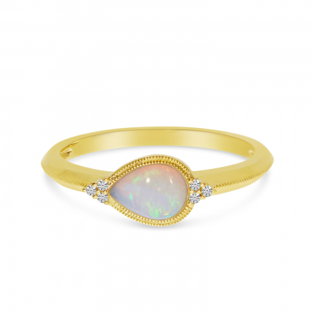 14K Yellow Gold Semi Pear Opal and Diamond Millgrain East West Ring