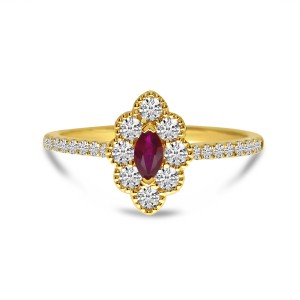 14K Yellow Gold Marquise Ruby and Round Diamonds Precious Beaded Ring