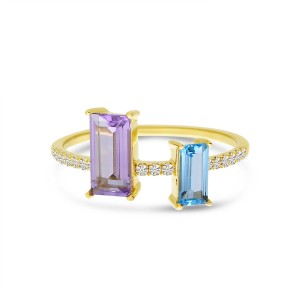 14K Yellow Gold Emerald Cut Amethyst and Blue Topaz Duo with Diamond Semi Precious Ring