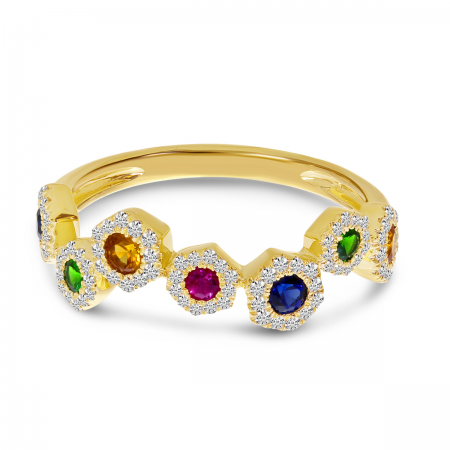 14K Yellow Gold Hexagon Zigzag Rainbow Sapphire and Diamond Ring