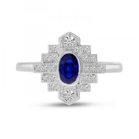 14K White Gold Precious Oval Sapphire and Diamond Art Deco Ring