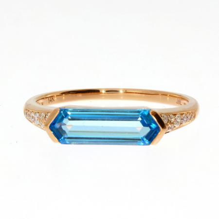 14K Rose Gold Hexagon London Blue Topaz and Diamond East to West Ring