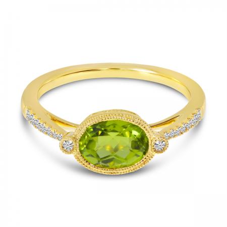 14K Yellow Gold Oval East West Peridot and Diamond Millgrain Semi Precious Ring