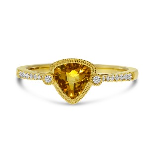 14K Yellow Gold Trillion Citrine and Diamond Millgrain Semi Precious Ring