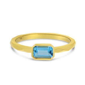 14K Yellow Gold Octagon Blue Topaz East West Semi Precious Ring