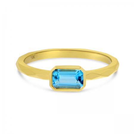 14K Yellow Gold Octagon Blue Topaz East West Semi Precious Ring