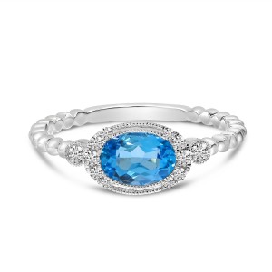 14K White Gold Oval Blue Topaz and Diamond Beaded Band Semi Precious Ring