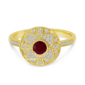 14K Yellow Gold Round Ruby and Diamond Precious Art Deco Ring