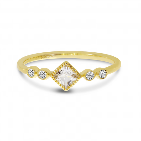 14K Yellow Gold Princess White Topaz and Diamond Stackable Semi Precious Ring