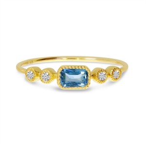 14K Yellow Gold Octagon Blue Topaz and Diamond Stackable Semi Precious Ring