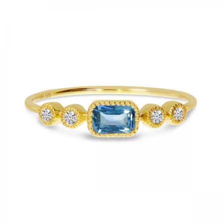 14K Yellow Gold Octagon Blue Topaz and Diamond Stackable Semi Precious Ring