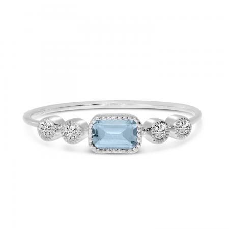 14K White Gold Octagon Aquamarine and Diamond Stackable Semi Precious Ring