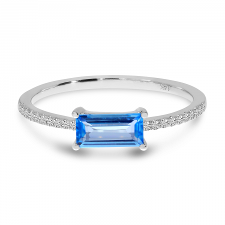 14K White Gold Emerald Cut Blue Topaz and Diamond Semi Precious Ring