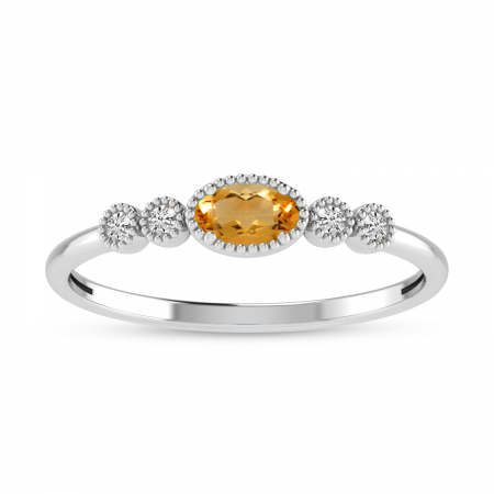 10K White Gold Oval Citrine and Diamond Stackable Ring