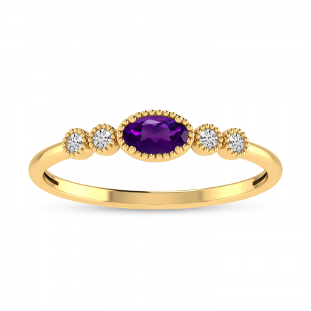 14K Yellow Gold Oval Amethyst and Diamond Stackable Ring