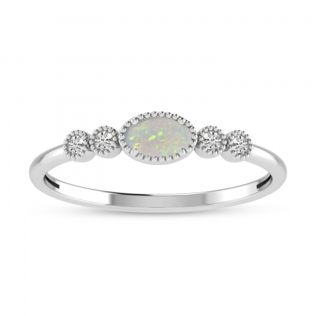 14K White Gold Oval Opal and Diamond Stackable Ring