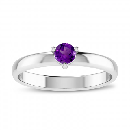 14K White Gold 4mm Round Amethyst Birthstone Ring