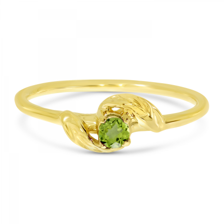 14K Yellow Gold 3mm Round Peridot Birthstone Leaf Ring