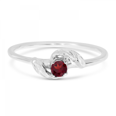 14K White Gold 3mm Round Garnet Birthstone Leaf Ring