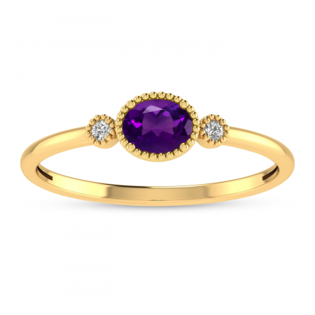 14K Yellow Gold Oval Amethyst Millgrain Birthstone Ring