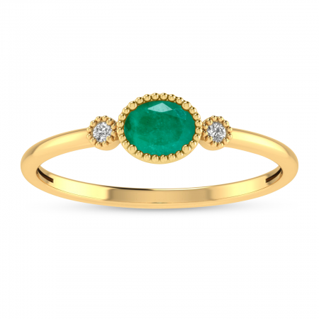 14K Yellow Gold Oval Emerald Millgrain Birthstone Ring