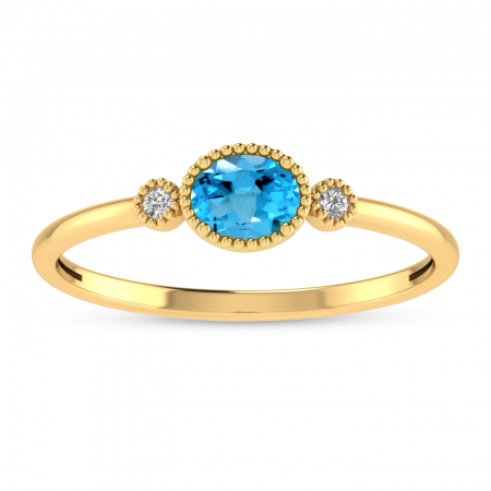 14K Yellow Gold Oval Blue Topaz Millgrain Birthstone Ring