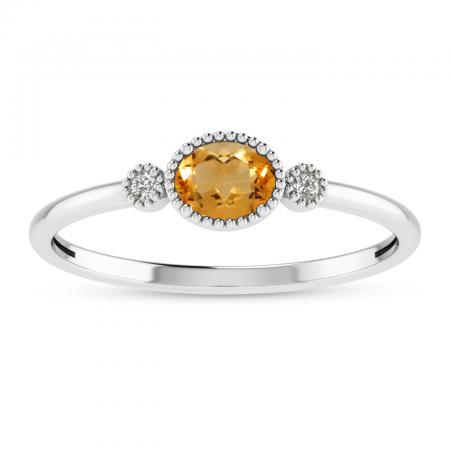 14K White Gold Oval Citrine Millgrain Birthstone Ring