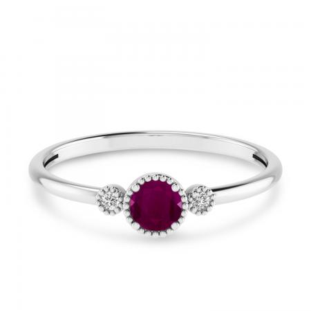 10K White Gold 4mm Round Ruby and Diamond Millgrain Birthstone Ring