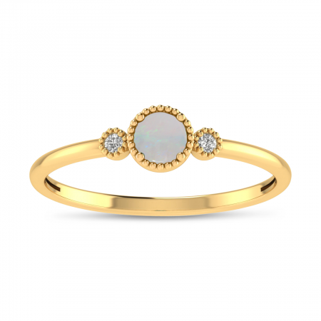 14K Yellow Gold 4mm Round Opal Millgrain Birthstone Ring