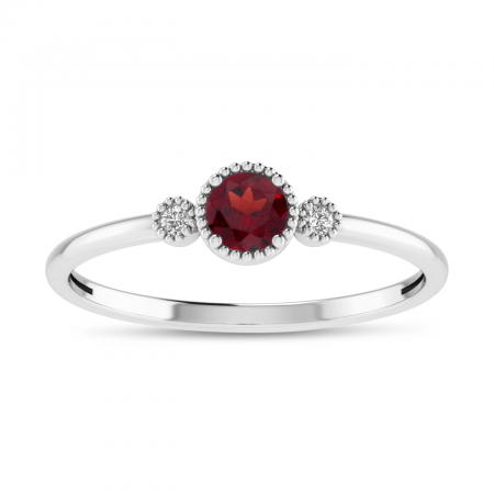 14K White Gold 4mm Round Garnet Millgrain Birthstone Ring