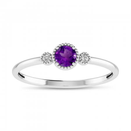 14K White Gold 4mm Round Amethyst Millgrain Birthstone Ring