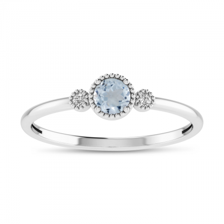 14K White Gold 4mm Round Aquamarine Millgrain Birthstone Ring