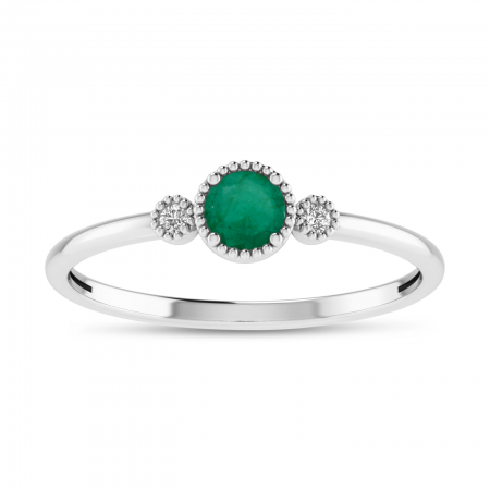 14K White Gold 4mm Round Emerald Millgrain Birthstone Ring