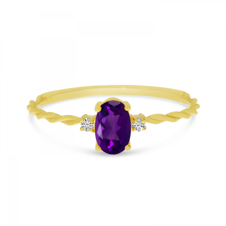 14K Yellow Gold Oval Amethyst Birthstone Twisted Band Ring