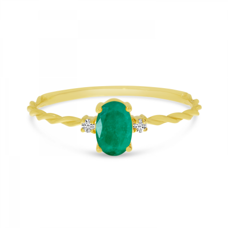 14K Yellow Gold Oval Emerald Birthstone Twisted Band Ring