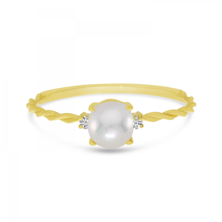 14K Yellow Gold Oval Pearl Birthstone Twisted Band Ring