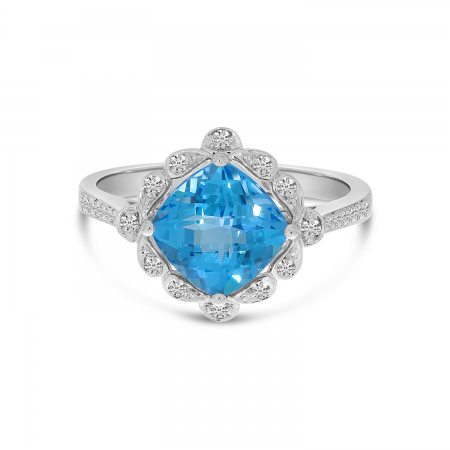 14K White Gold Cushion Blue Topaz Flower Ring