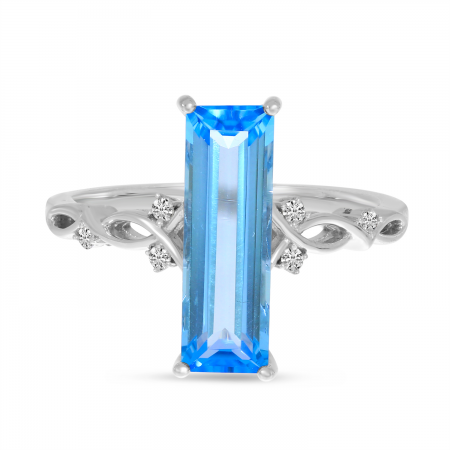 14K White Gold Long Blue Topaz Semi Baguette Ring