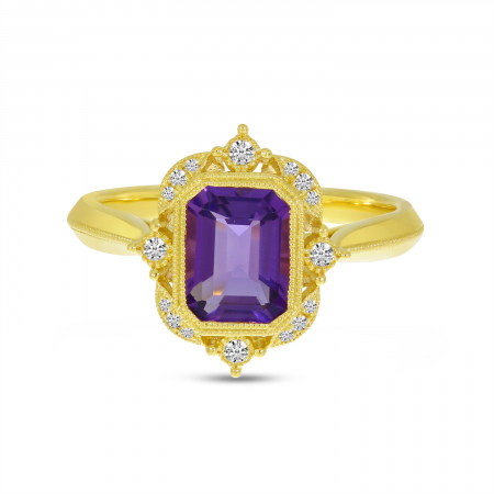 14K Yellow Gold Emerald Cut Amethyst Semi Millgrain Halo Ring